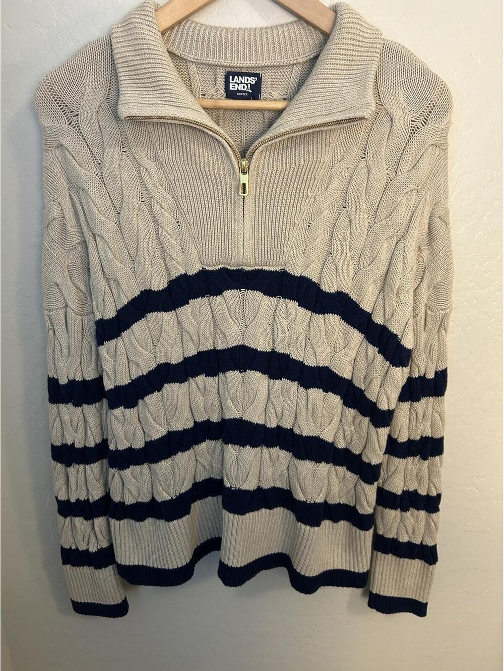 Lands' End Drifter Women's Cable Knit Quarter-Zip Sweater Beige Navy L 14-16